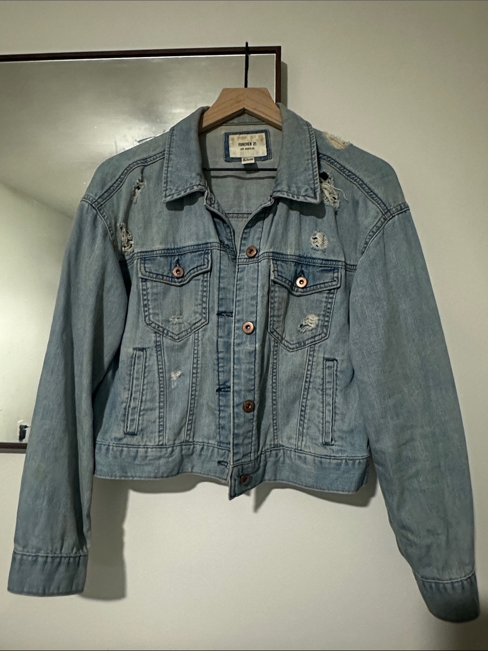 Forever 21 Cotton Denim Light Wash Distressed Jean Jacket